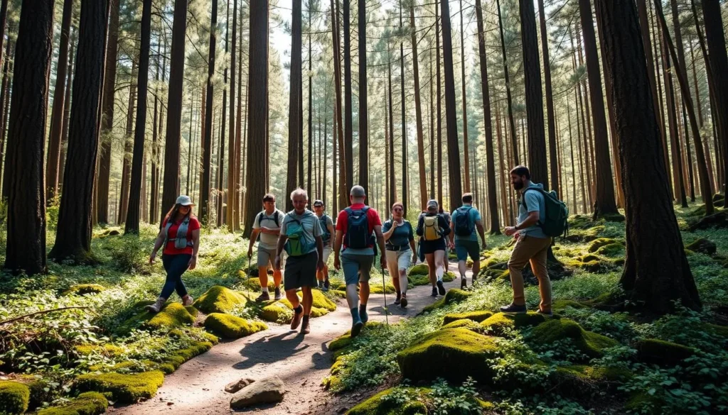 Diverse group of hikers exploring forest trails in Lagunas de Zempoala