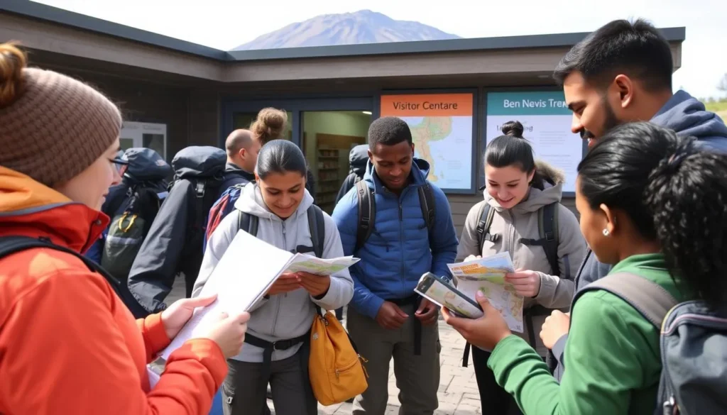 Diverse group of hikers preparing for Ben Nevis trek at the visitor center