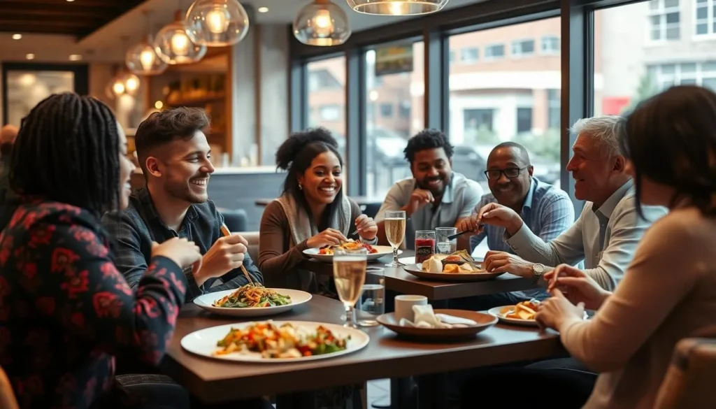 Diverse group of people enjoying a meal together at a restaurant in Leicester's city center