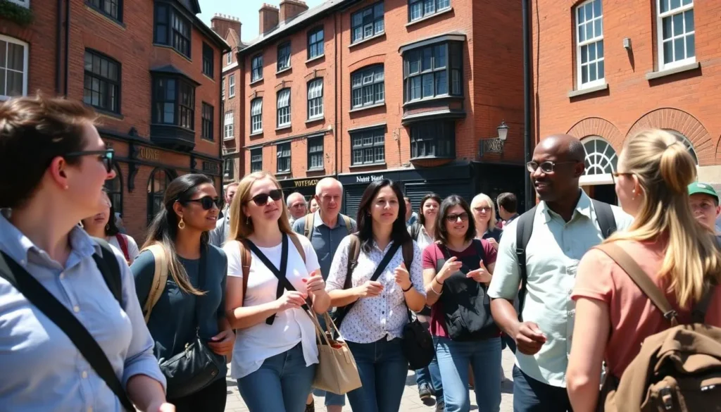 Diverse group of tourists enjoying a guided tour in Nottingham's Lace Market Diverse group of tourists enjoying a guided tour in Nottingham's Lace Market