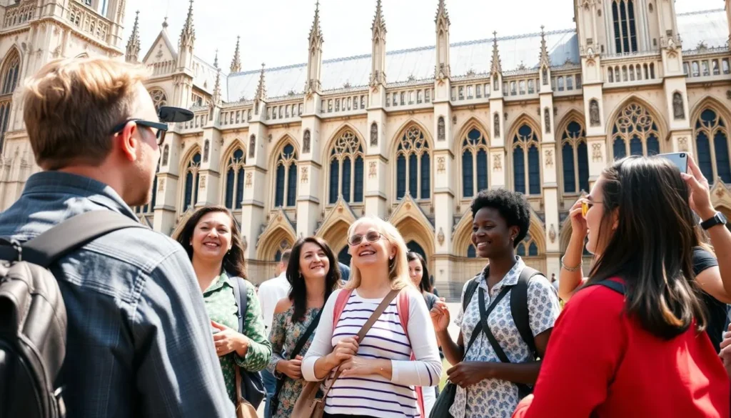 Diverse group of tourists enjoying a guided tour in front of Westminster Abbey Diverse group of tourists enjoying a guided tour in front of Westminster Abbey