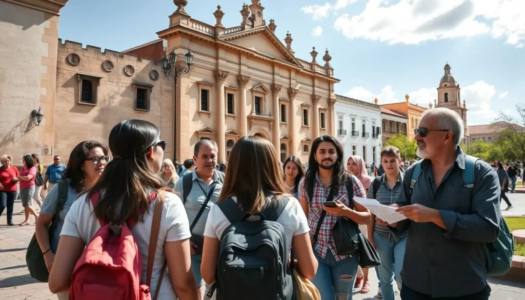 Diverse group of tourists enjoying a guided walking tour in Morelia's historic center