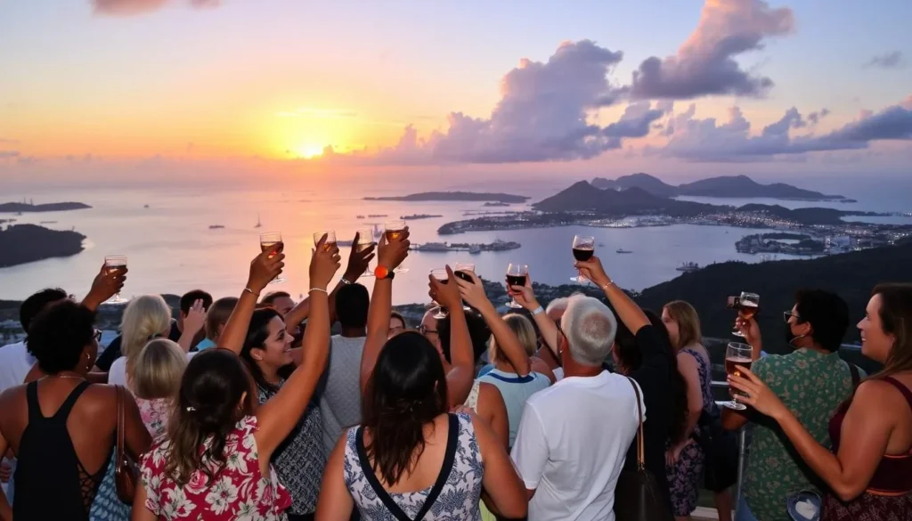 Diverse group of tourists enjoying sunset and celebrations at Shirley Heights Lookout, Antigua and Barbuda Diverse group of tourists enjoying sunset and celebrations at Shirley Heights Lookout, Antigua and Barbuda