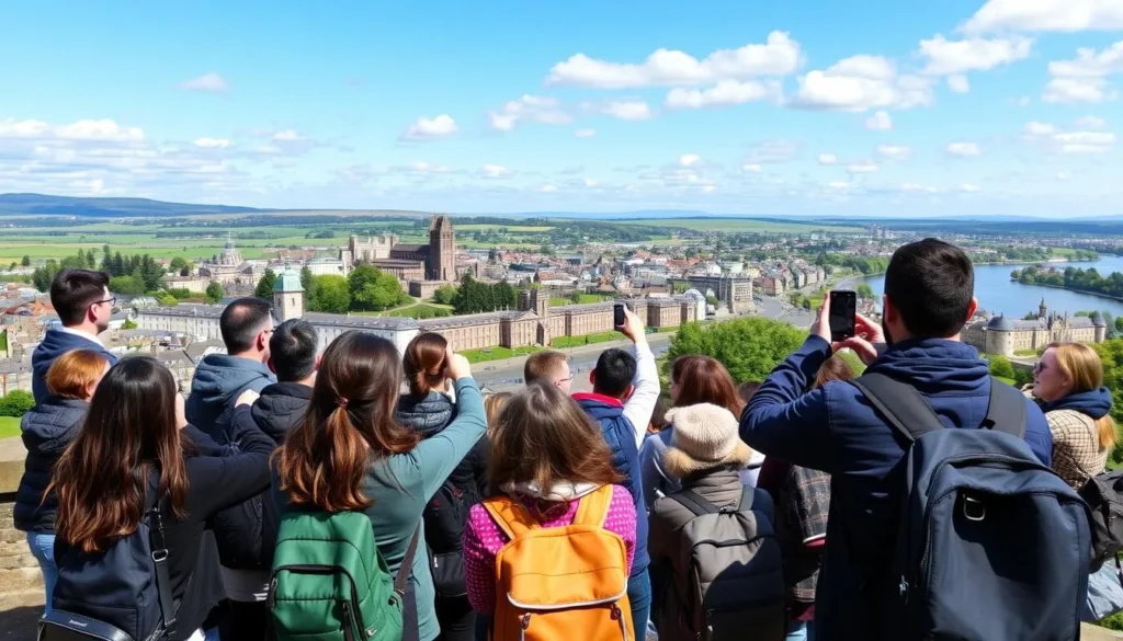 Diverse group of tourists enjoying views of Inverness from castle viewpoint