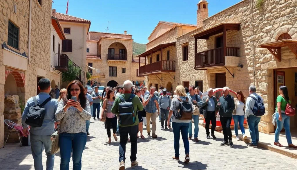 Diverse group of tourists exploring the historic streets of Deir El Qamar in Chouf, Lebanon