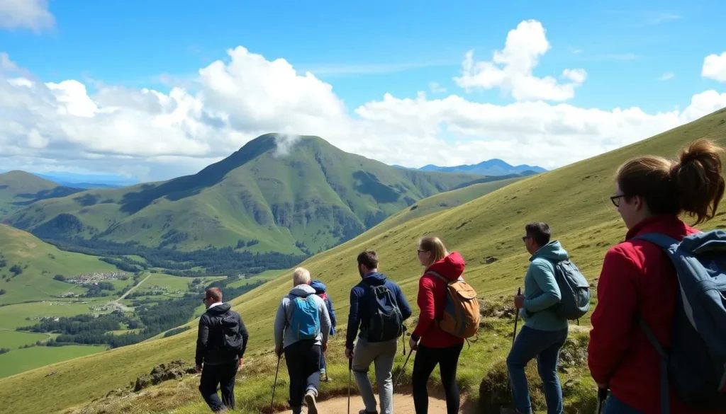 Diverse group of tourists hiking in Brecon Beacons National Park, Wales