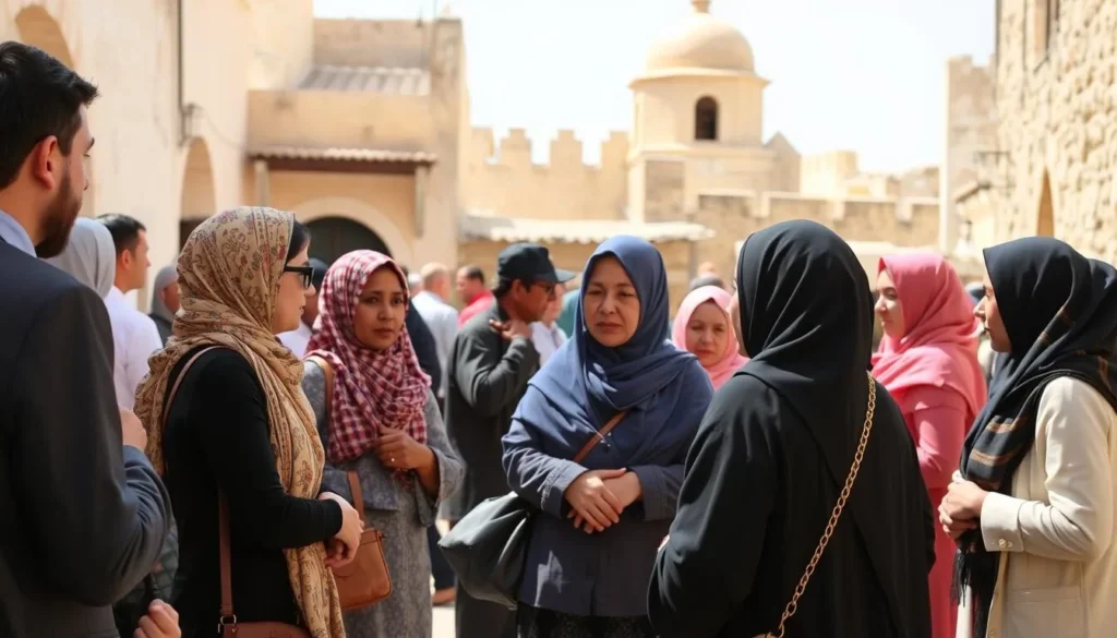Diverse group of tourists interacting with local Tunisians in Zaghouan's medina Diverse group of tourists interacting with local Tunisians in Zaghouan's medina