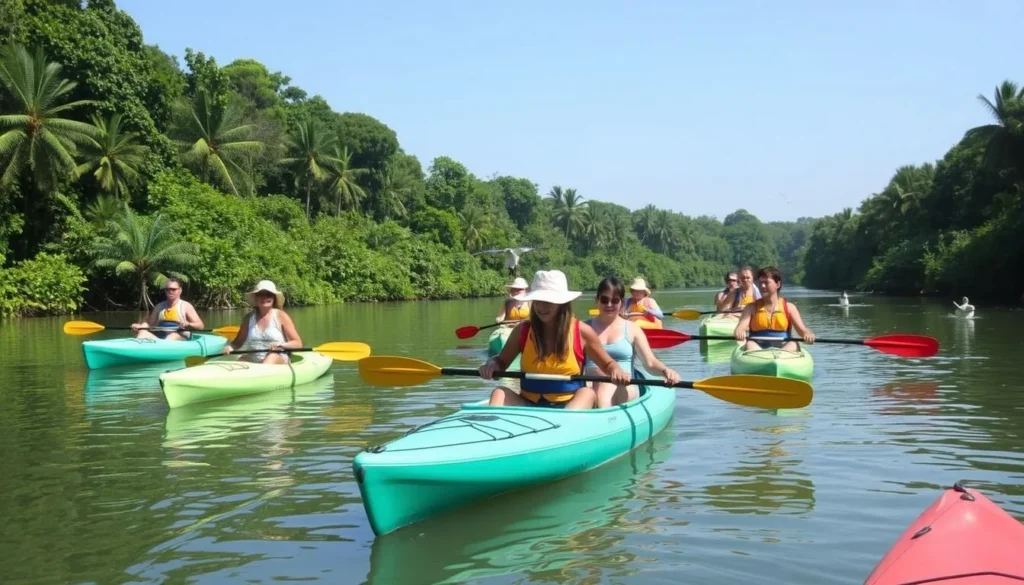 Diverse group of tourists kayaking on Bolgoda Lake with mangrove forests in the background