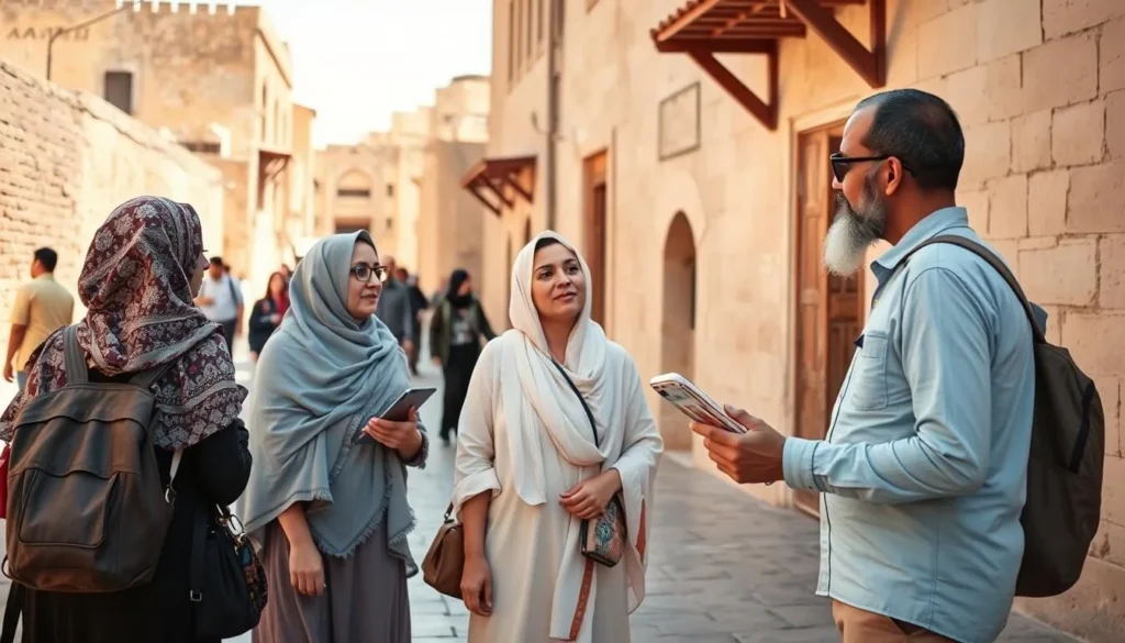 Diverse group of tourists respectfully dressed while exploring Sana'a with local guide