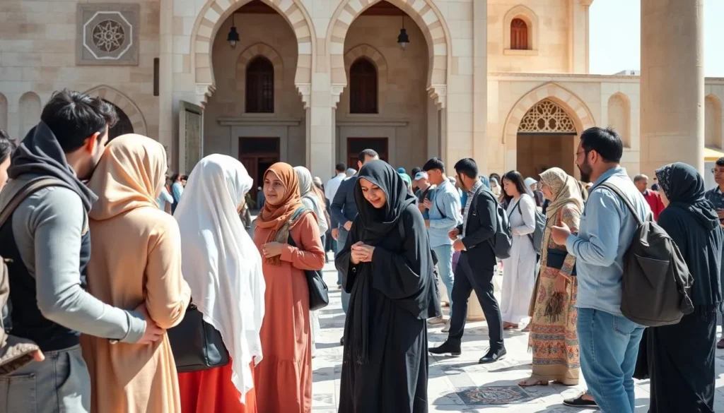 Diverse group of tourists respectfully dressed while visiting a local mosque in Ahaz Diverse group of tourists respectfully dressed while visiting a local mosque in Ahaz