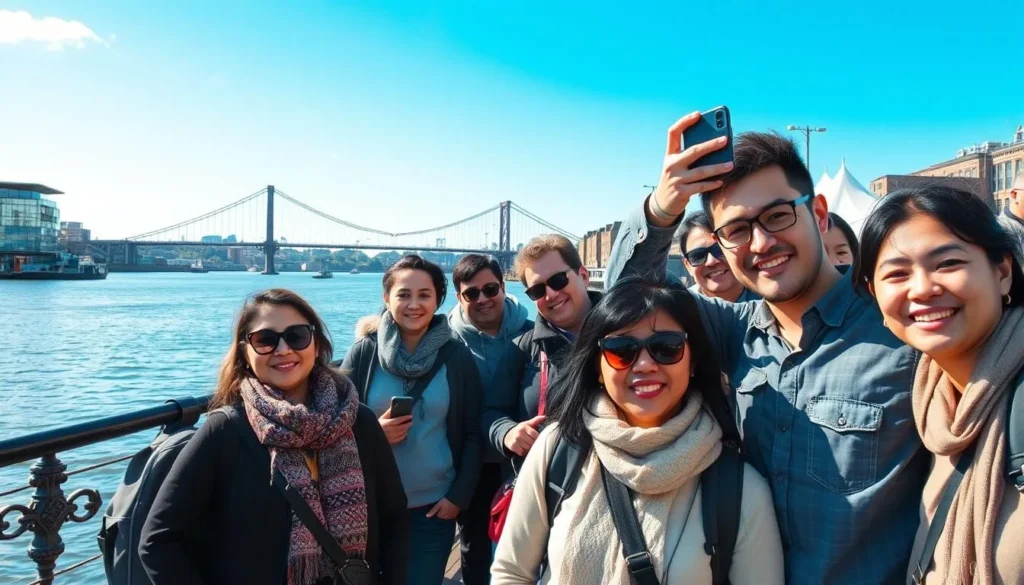 Diverse group of tourists taking photos on Newcastle Quayside with bridges in background