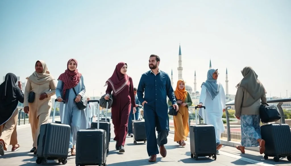 Diverse group of travelers with luggage arriving at Madinah, with the city skyline visible in the background