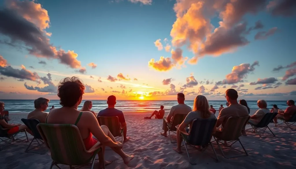 Diverse group of visitors enjoying sunset at Don Pedro Island State Park beach