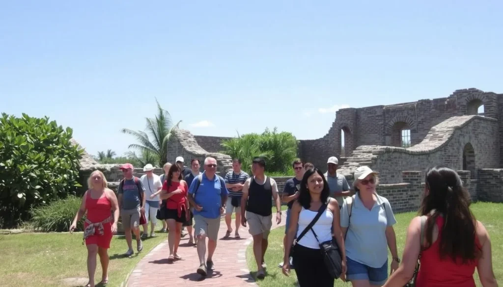Diverse group of visitors exploring the historic Fort Dade ruins at Egmont Key State Park