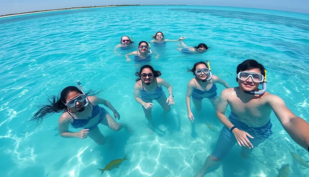 Diverse group of visitors snorkeling in the clear waters near Egmont Key with underwater marine life visible
