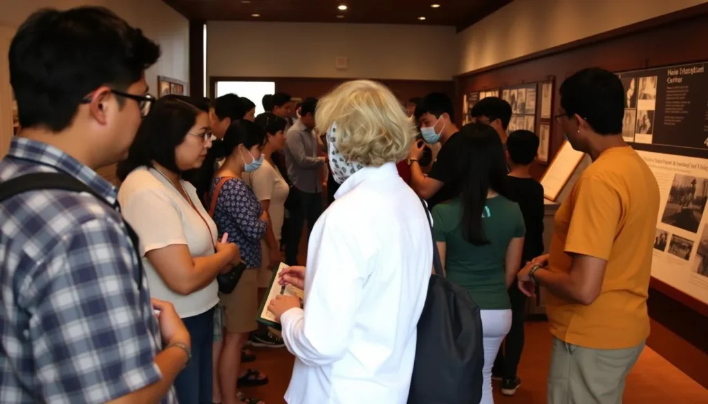 Diverse group of visitors viewing exhibits at Manzanar Visitor Center