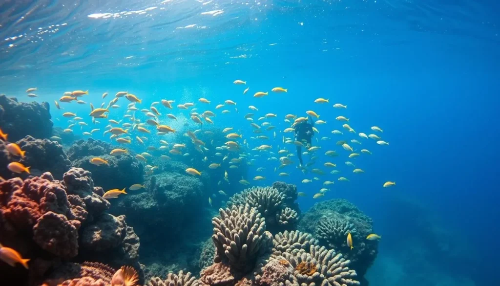 Diverse marine life including colorful fish and coral at Isla San Pedro Nolasco Diverse marine life including colorful fish and coral at Isla San Pedro Nolasco