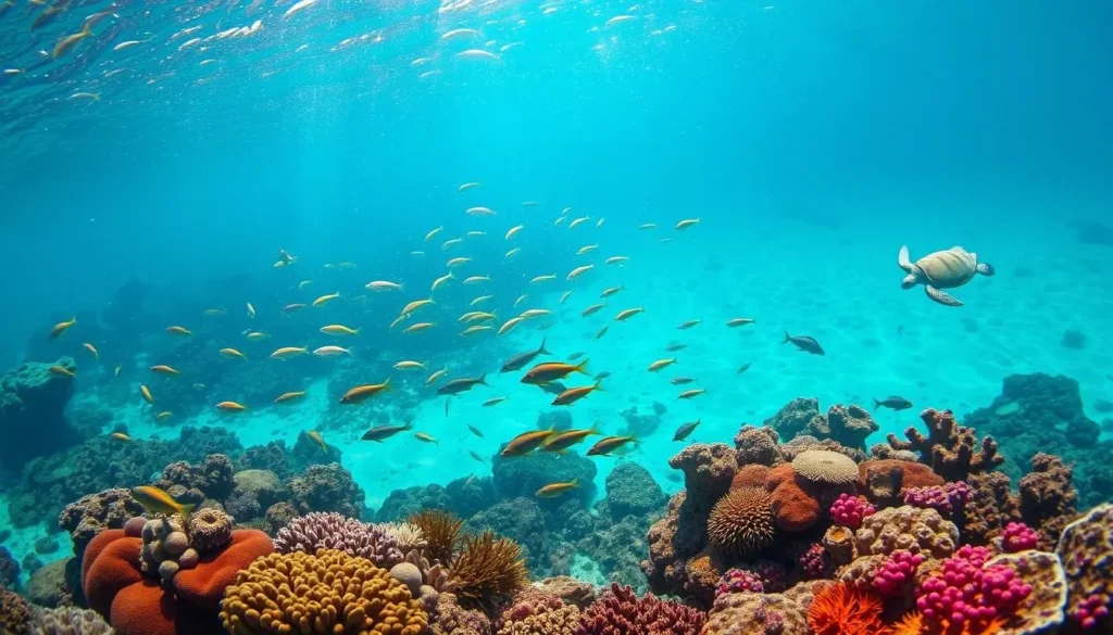 Diverse marine life including colorful fish and coral formations in the waters around Isla Marietas, Mexico