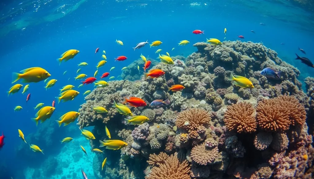 Diverse marine life including colorful tropical fish in the waters around Isla Espiritu Santo