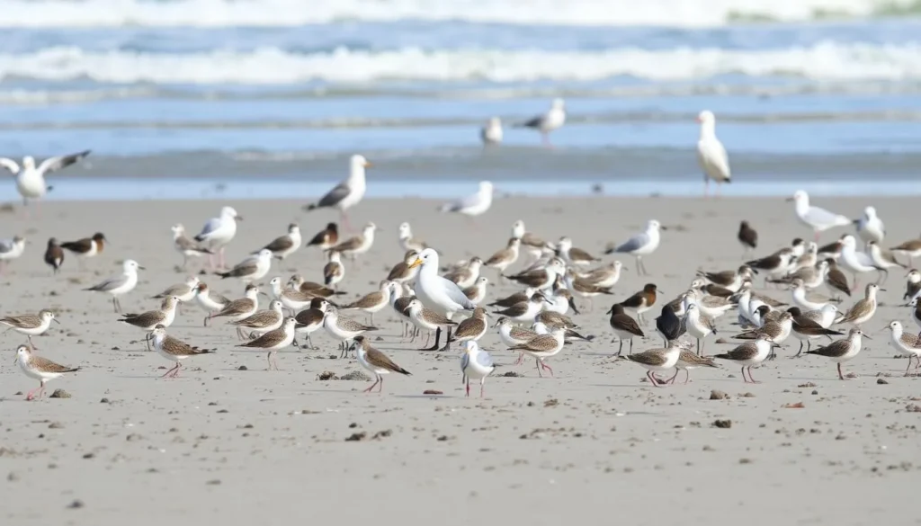 Diverse shorebirds at Bean Hollow State Beach with the ocean in the background