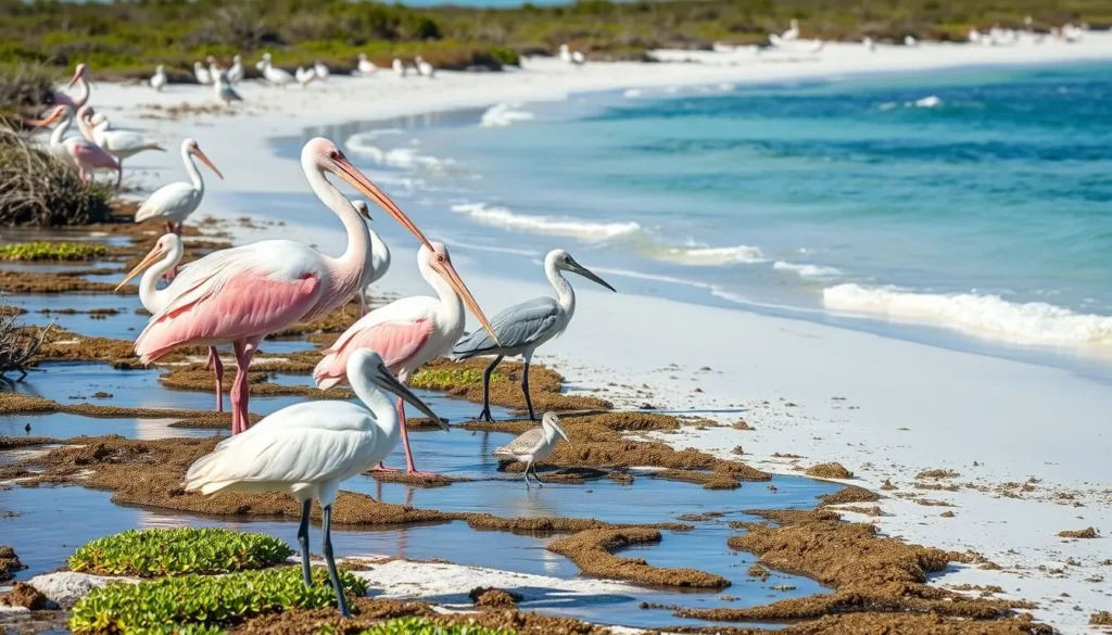 Diverse shorebirds on San Jose Island including roseate spoonbills, herons, and sandpipers along the natural coastline