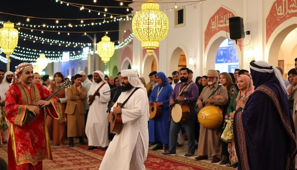 Diverse tourists enjoying a traditional Omani cultural festival in Barka with music and dance performances