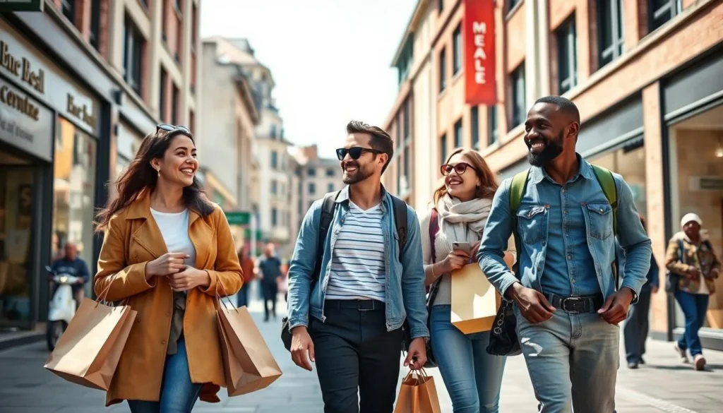 Diverse tourists exploring Birmingham city center with shopping bags Diverse tourists exploring Birmingham city center with shopping bags