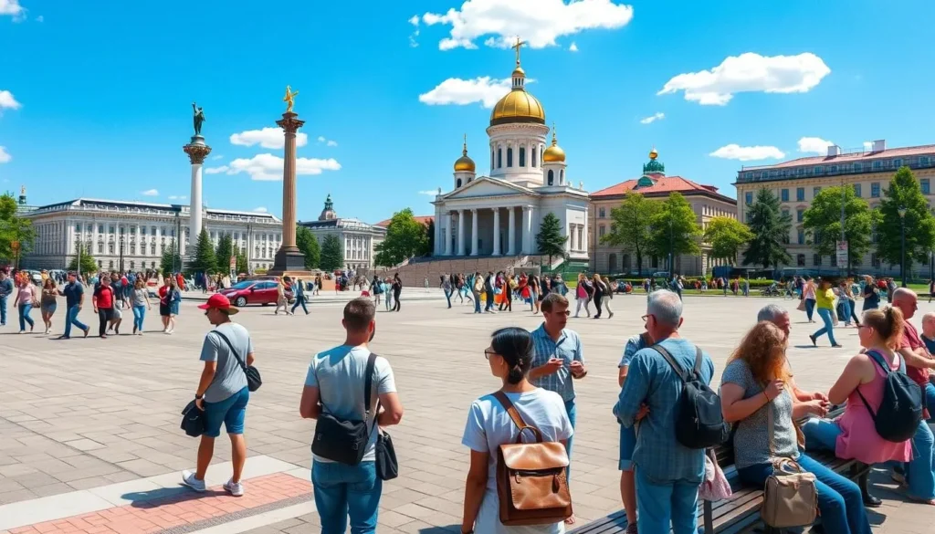 Diverse tourists exploring Victory Square in central Kaliningrad Diverse tourists exploring Victory Square in central Kaliningrad