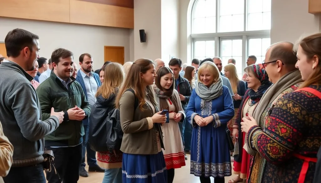 Diverse tourists interacting with locals at a cultural event in Kaluga