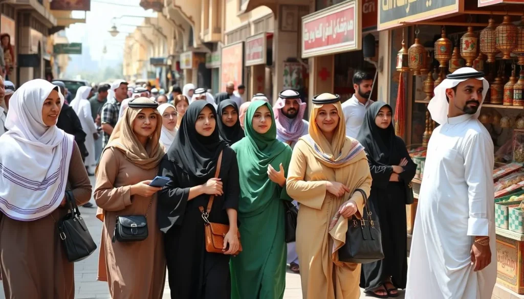 Diverse tourists respectfully dressed while exploring a Saudi Arabian market