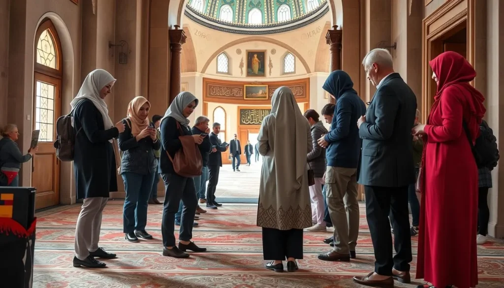 Diverse tourists respectfully visiting Kul Sharif Mosque with appropriate dress
