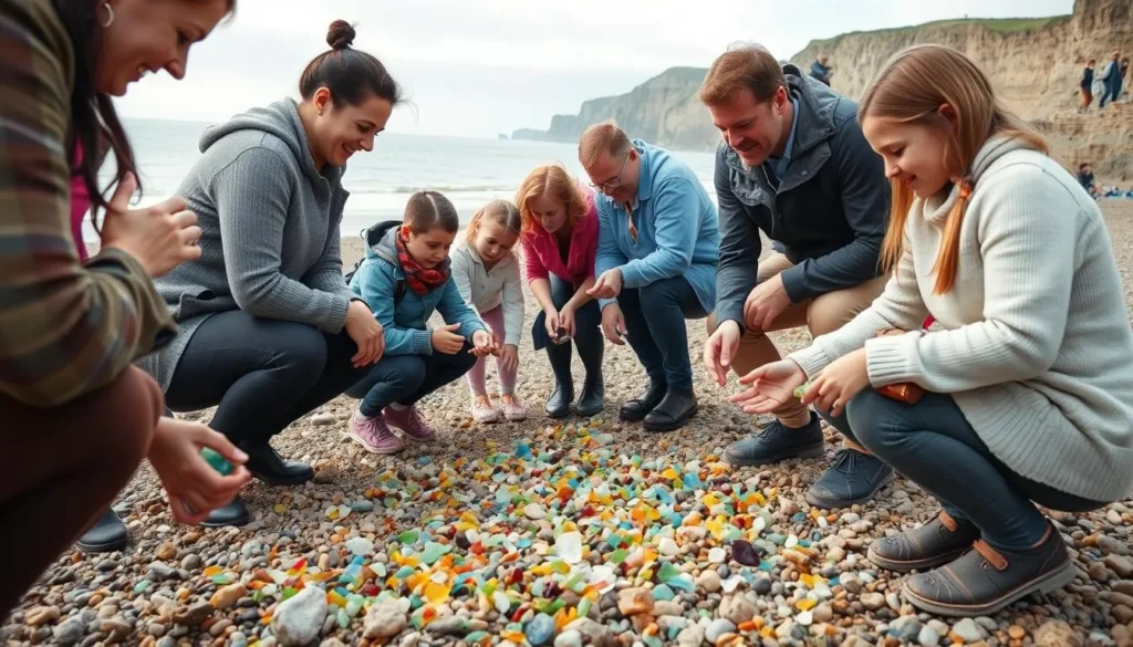 Diverse visitors collecting colorful sea glass on Seaham Beach, a popular activity on Durham's heritage coast and one of the Best Things to Do in Durham, England