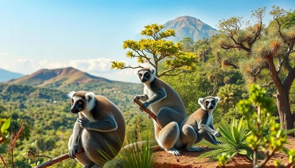 Diverse wildlife and landscapes of Amboasary, Madagascar showing lemurs, spiny forest, and local culture Diverse wildlife and landscapes of Amboasary, Madagascar showing lemurs, spiny forest, and local culture