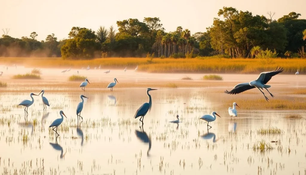 Diverse wildlife at Lake Kissimmee State Park including wading birds in a marsh setting