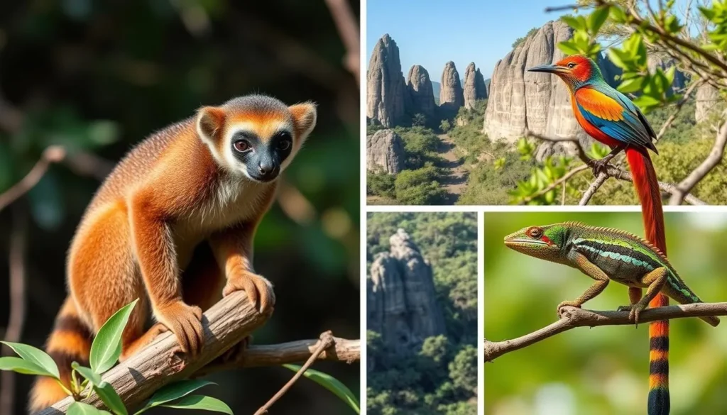 Diverse wildlife in Tsingy de Namoroka including lemurs, birds, and reptiles