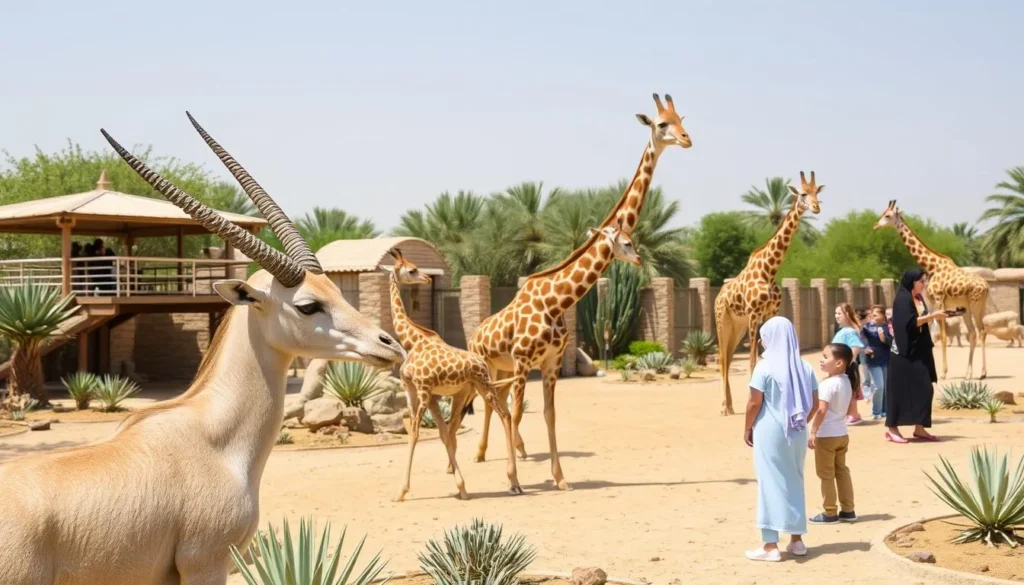 Diverse wildlife including Arabian oryx at Al Ain Zoo with families observing animals