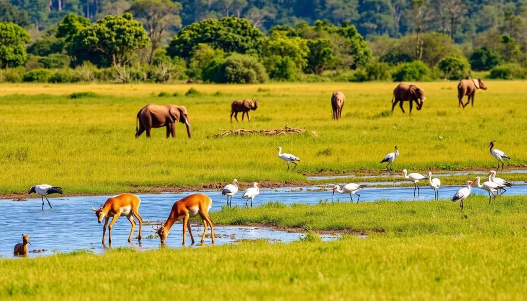Diverse wildlife including birds and deer at Kaudulla National Park, Sri Lanka