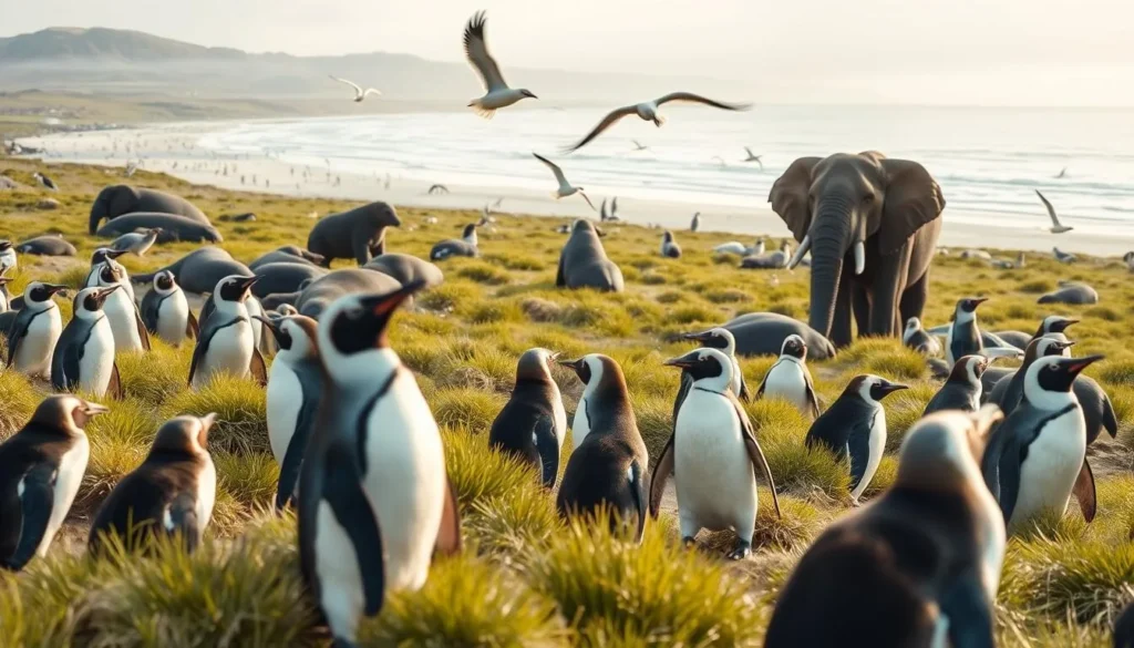 Diverse wildlife scene on Sea Lion Island showing penguins, seals and sea birds in their natural habitat