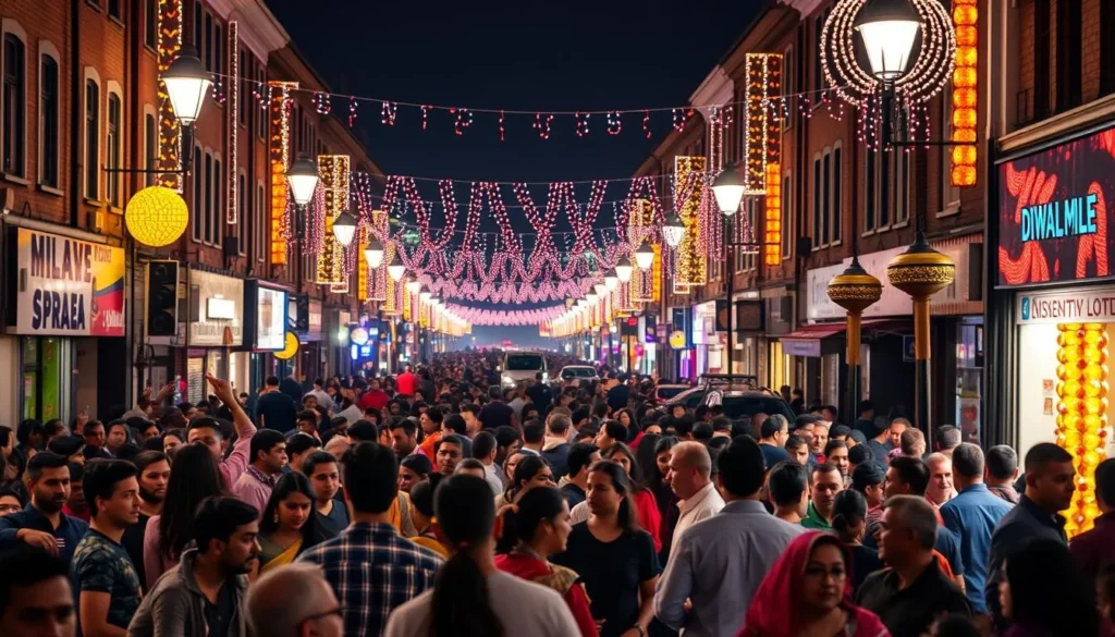 Diwali celebrations on Leicester's Golden Mile with colorful lights and diverse crowds celebrating