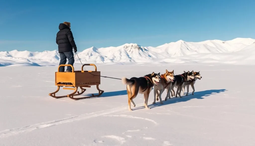 Dog sledding across a snowy Greenland landscape with mountains in background