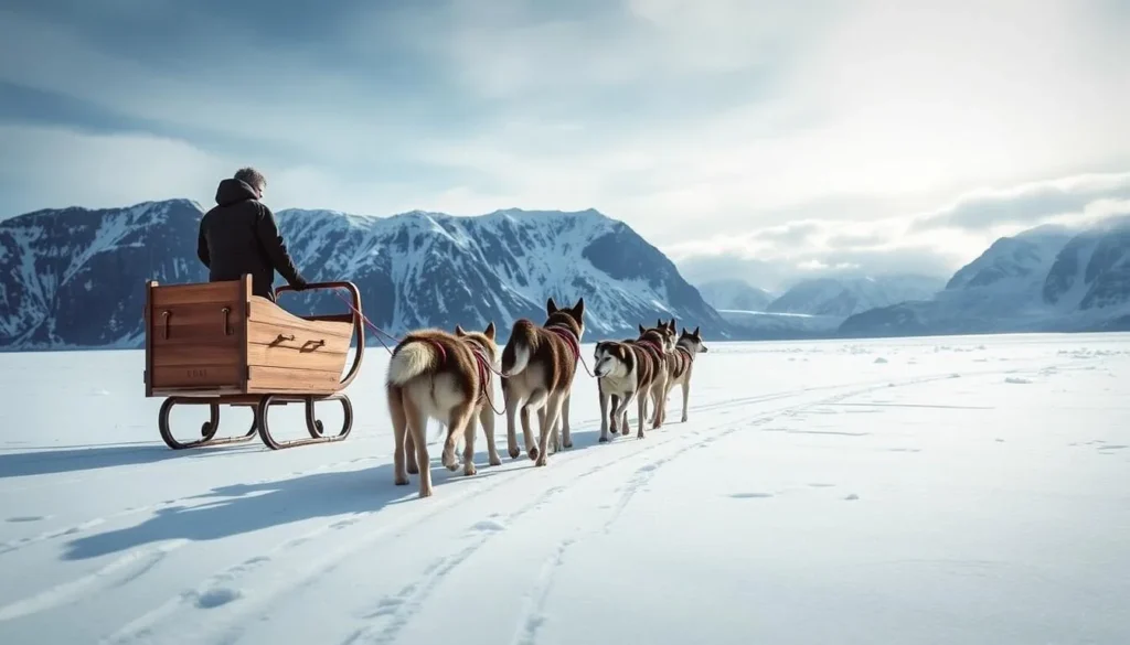 Dog sledding expedition approaching Etah, Greenland across snow-covered terrain Dog sledding expedition approaching Etah, Greenland across snow-covered terrain