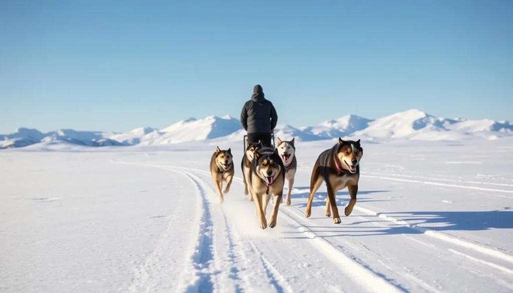 Dog sledding through snowy landscape near Tasiilaq