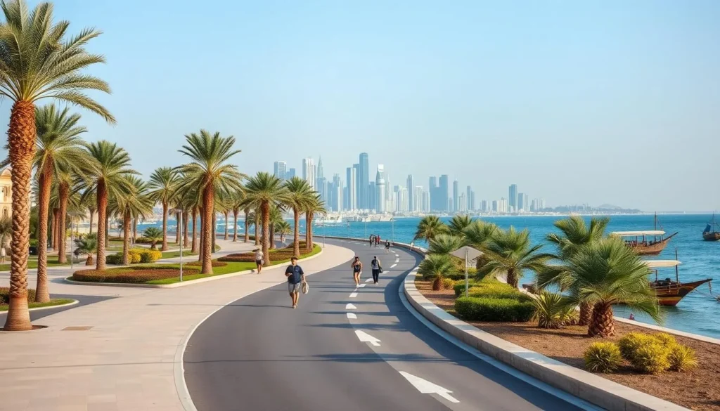 Doha Corniche promenade with walking paths and skyline views