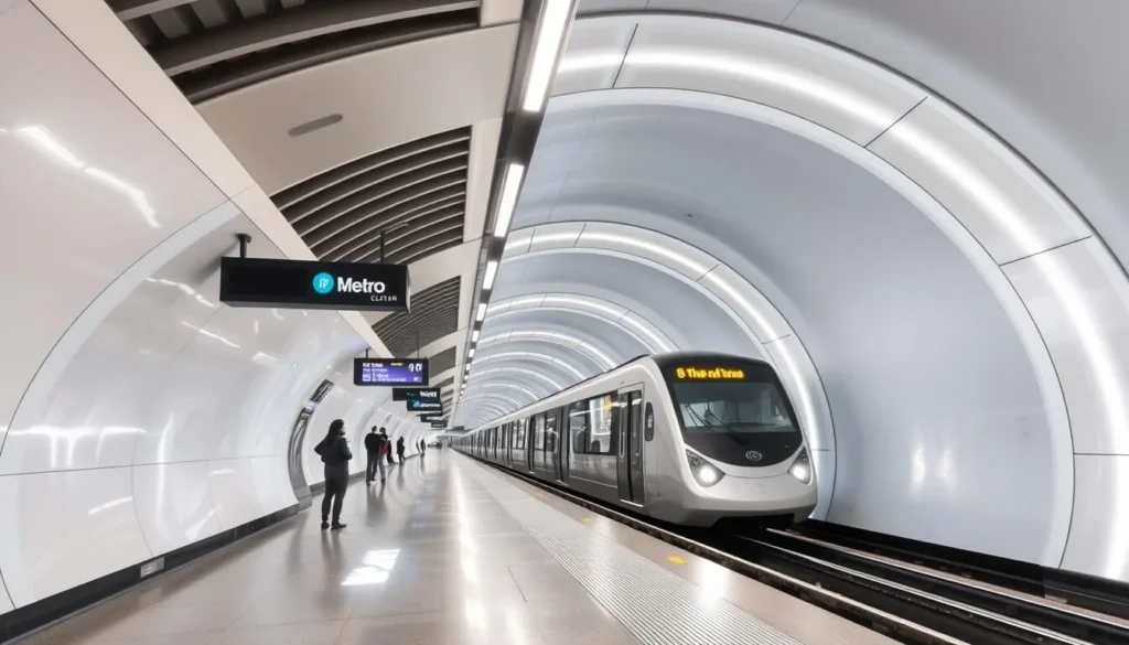 Doha Metro station with its modern design and a train arriving at the platform
