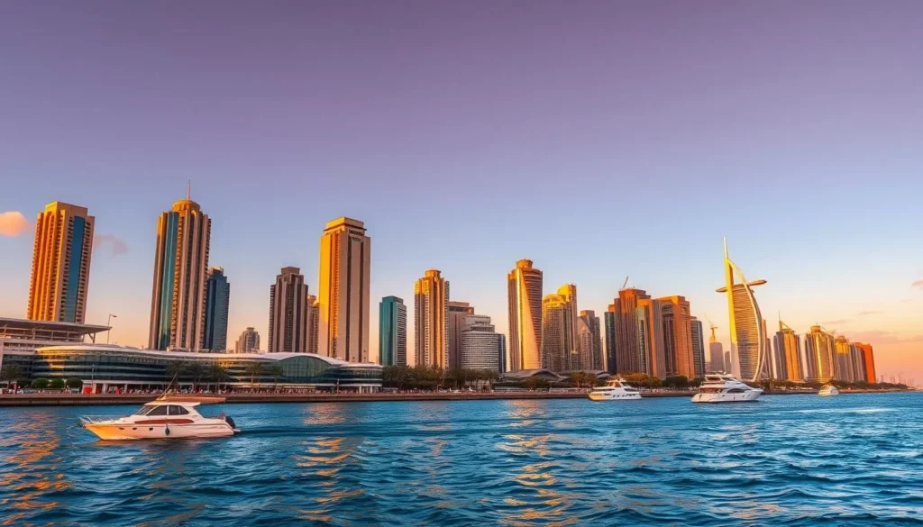 Doha skyline during golden hour with perfect weather conditions in winter
