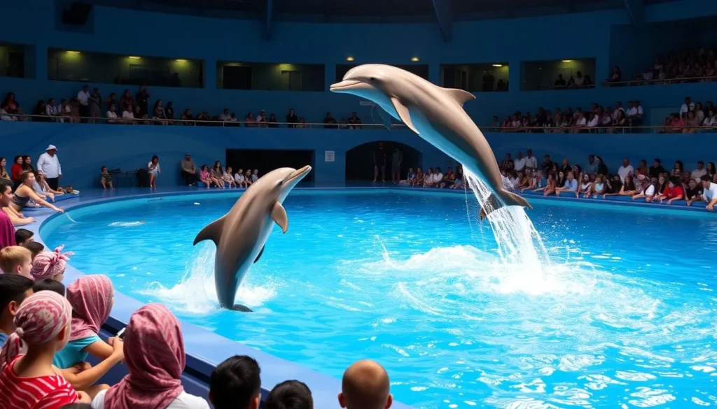 Dolphin show at Dolphin Village Dammam with audience watching Dolphin show at Dolphin Village Dammam with audience watching