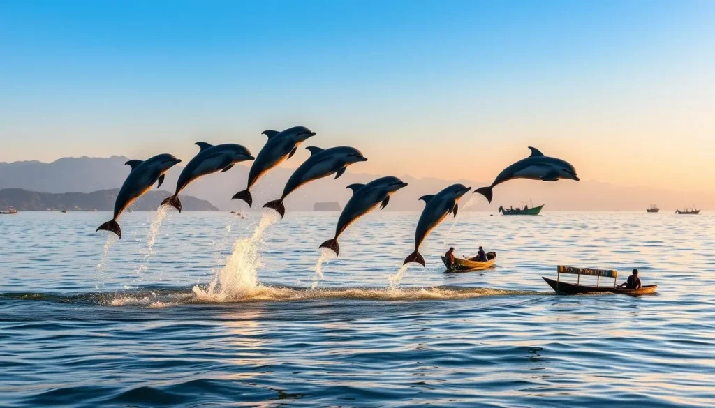 Dolphins jumping in Kiluan Bay near Bandar Lampung during early morning dolphin watching