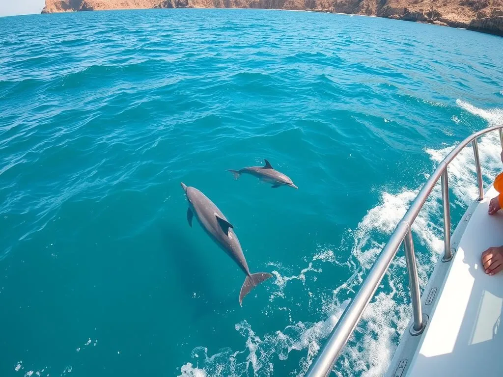 Dolphins swimming alongside a boat during a dolphin watching tour near Muscat's coast