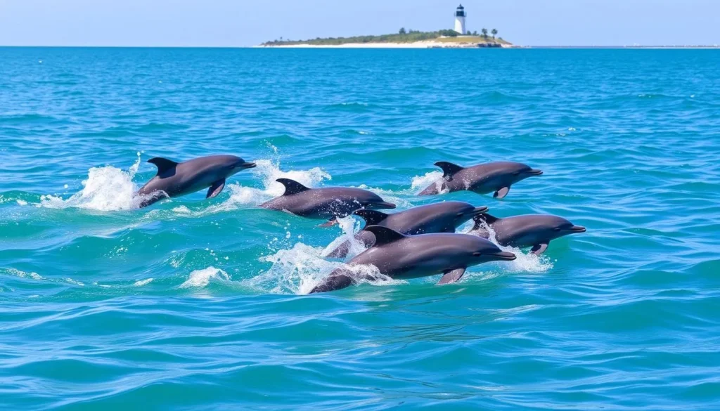 Dolphins swimming near Folly Beach with Morris Island Lighthouse in the background