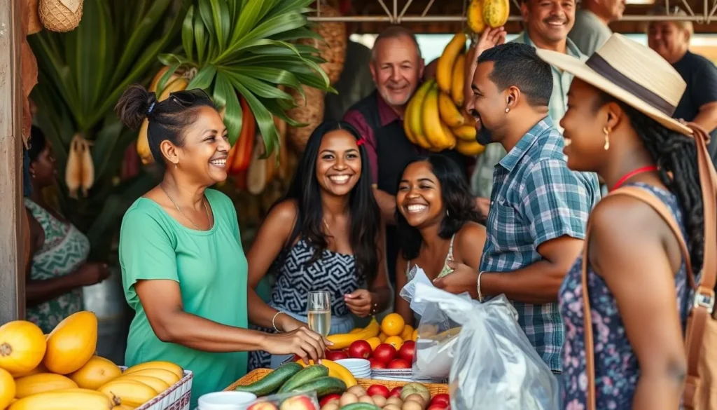 Dominican locals and tourists interacting at a local market in Punta Cana